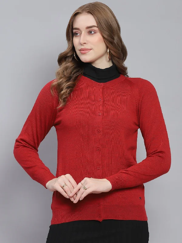 Women Red Solid Round Neck Full Sleeve Cardigans