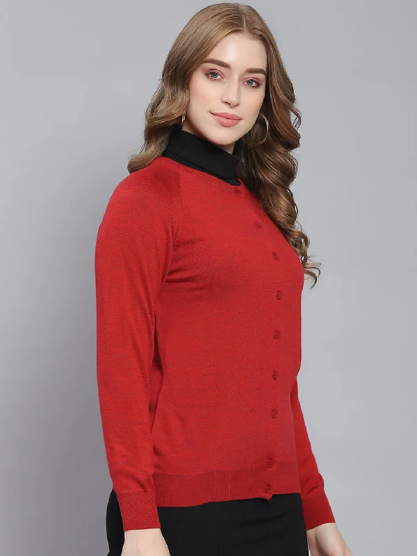 Women Red Solid Round Neck Full Sleeve Cardigans