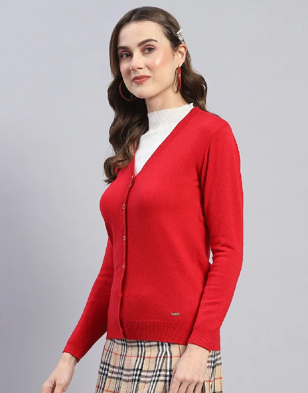 Women Red Solid V Neck Full Sleeve Cardigan