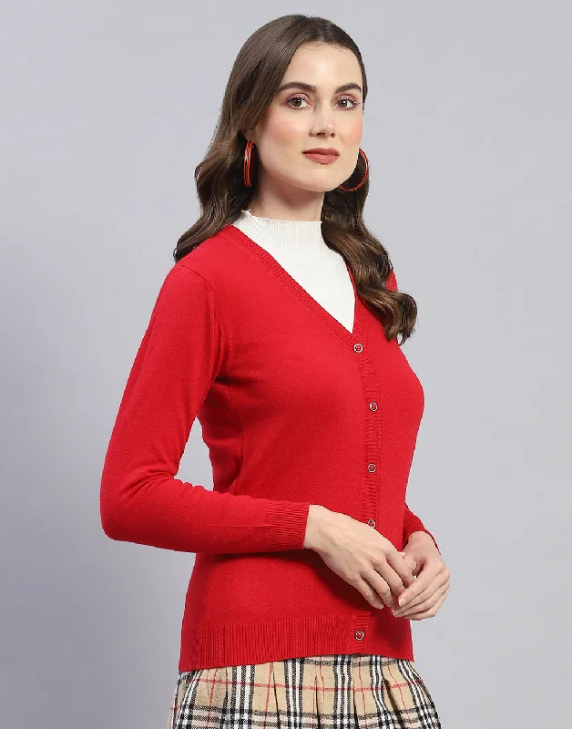 Women Red Solid V Neck Full Sleeve Cardigan