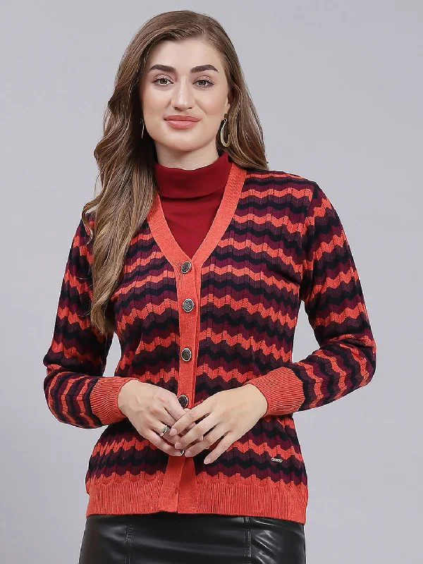 Women Rust Orange Jaquard Wool blend Cardigan