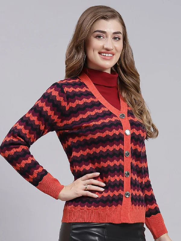 Women Rust Orange Jaquard Wool blend Cardigan