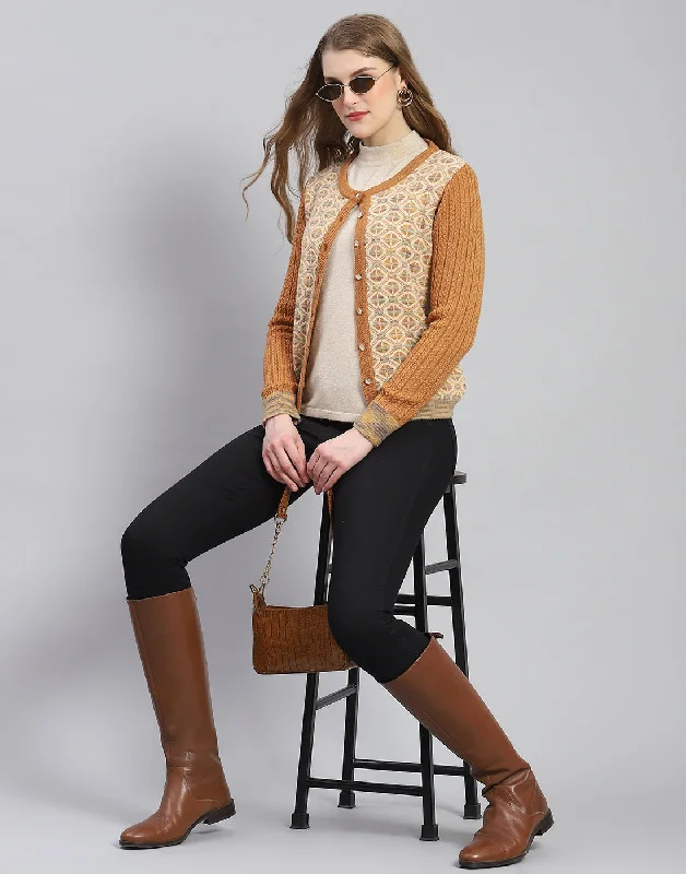 Women Rust Self Design Round Neck Full Sleeve Cardigan