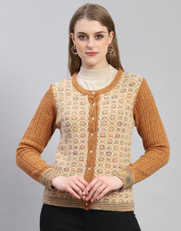 Women Rust Self Design Round Neck Full Sleeve Cardigan