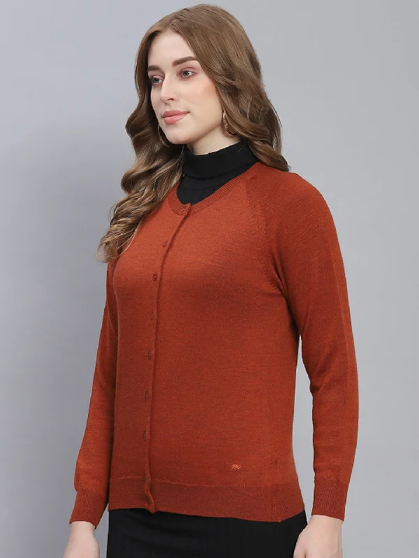 Women Rust Solid Round Neck Full Sleeve Cardigans