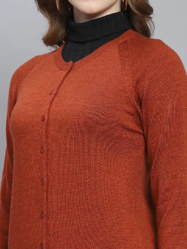 Women Rust Solid Round Neck Full Sleeve Cardigans