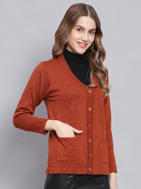 Women Rust Solid V Neck Full Sleeve Cardigans