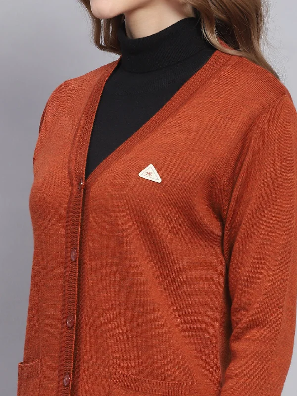 Women Rust Solid V Neck Full Sleeve Cardigans