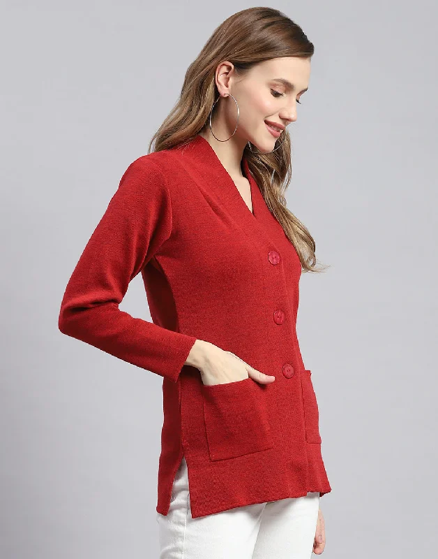 Women Rust Solid V Neck Full Sleeve Cardigans