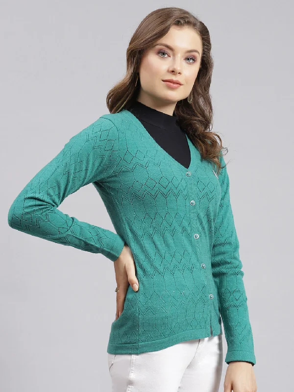 Women Sea Green Jaquard Wool blend Cardigan