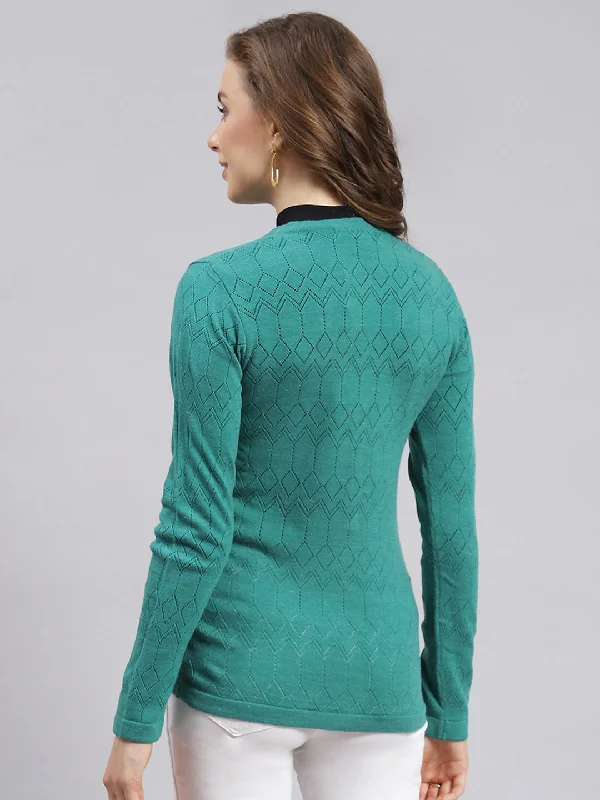 Women Sea Green Jaquard Wool blend Cardigan