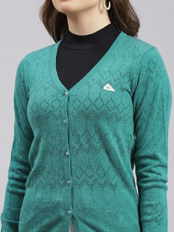 Women Sea Green Jaquard Wool blend Cardigan