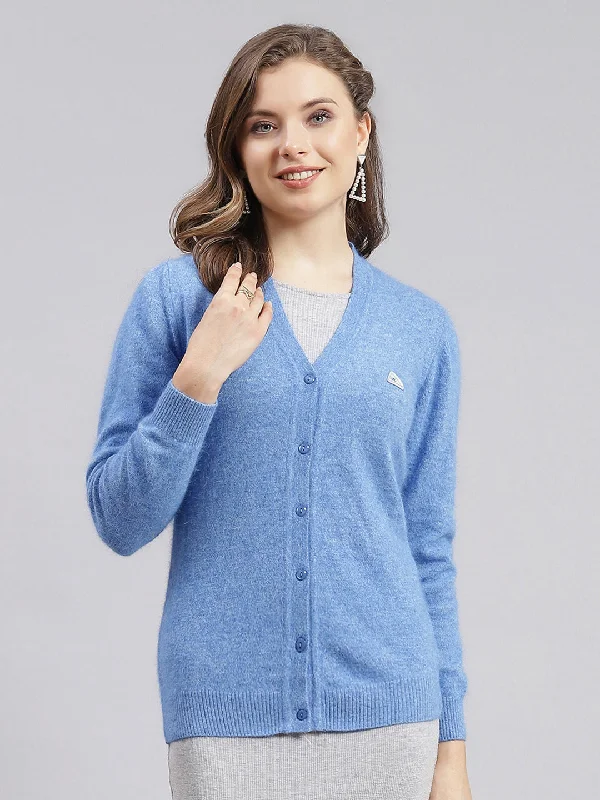 Women Sky Blue Solid Angoora Cardigan