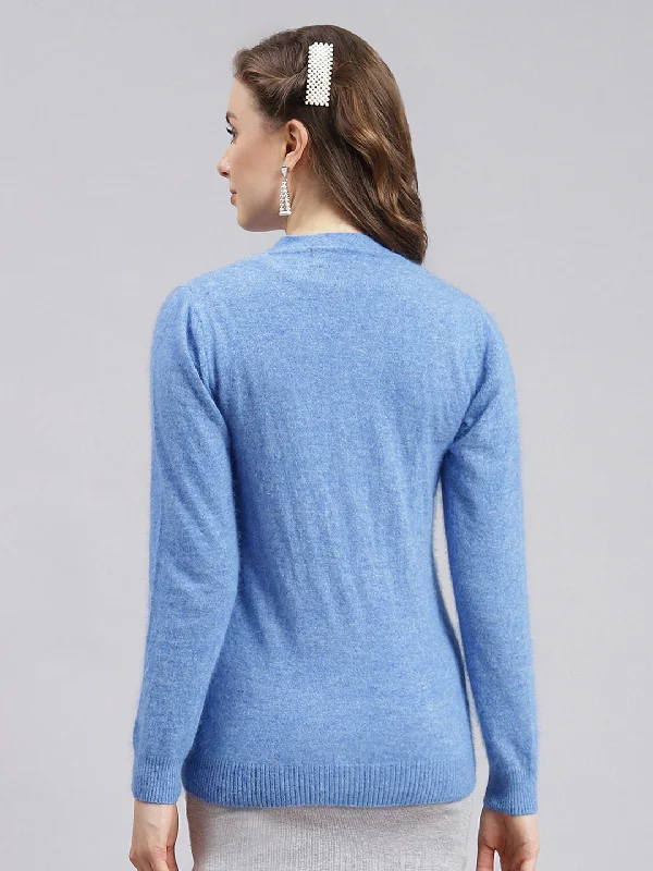 Women Sky Blue Solid Angoora Cardigan