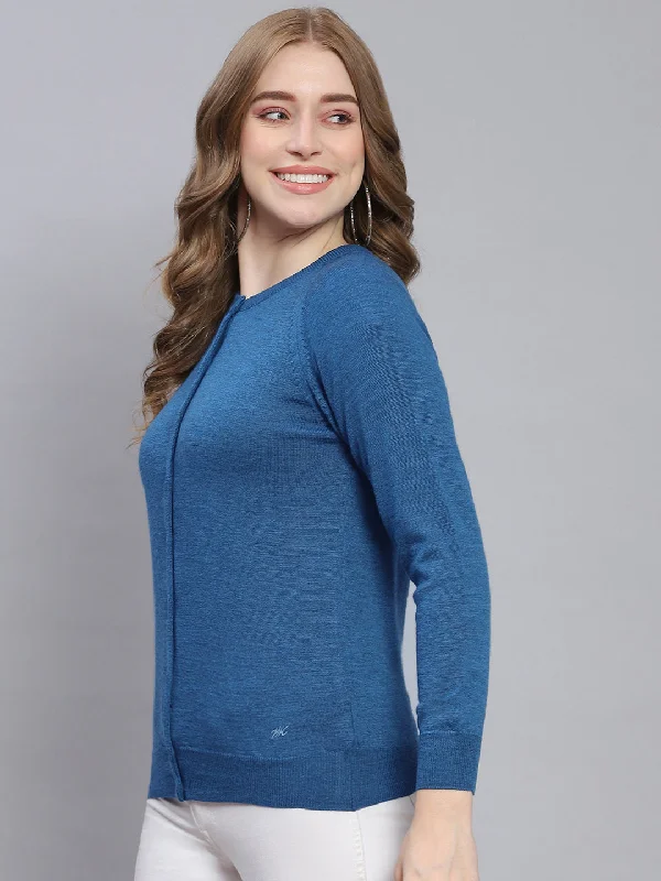 Women Teal Blue Solid Round Neck Full Sleeve Cardigans