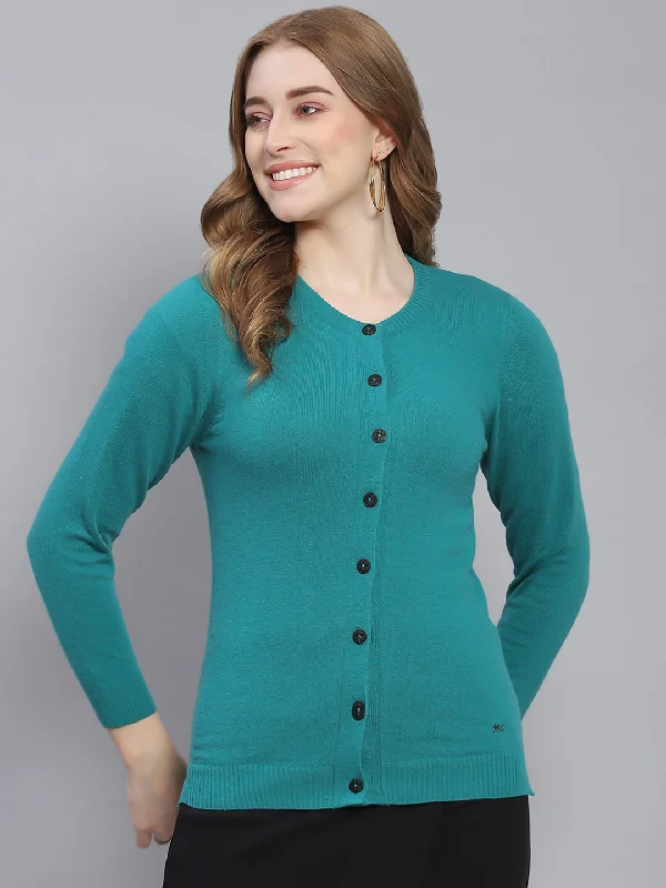 Women Teal Blue Solid Round Neck Full Sleeve Cardigans