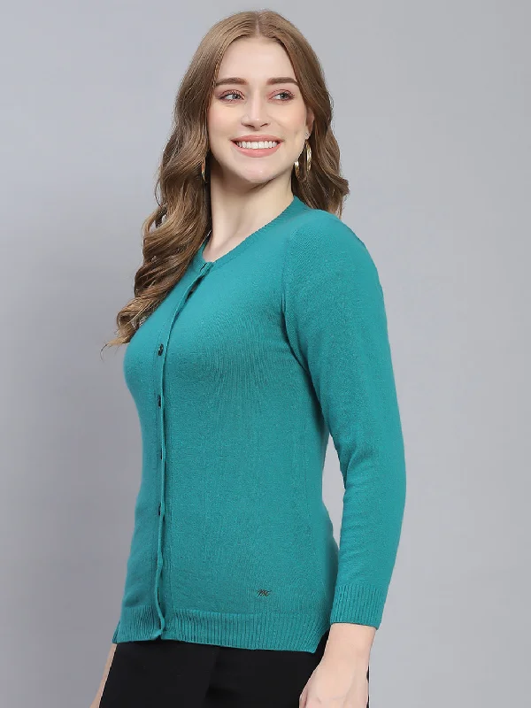 Women Teal Blue Solid Round Neck Full Sleeve Cardigans