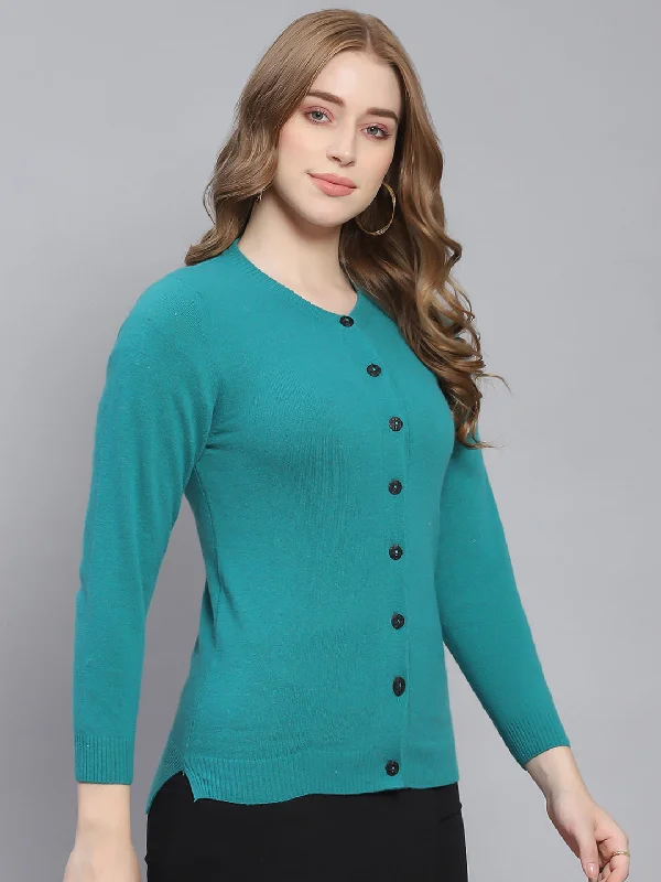 Women Teal Blue Solid Round Neck Full Sleeve Cardigans