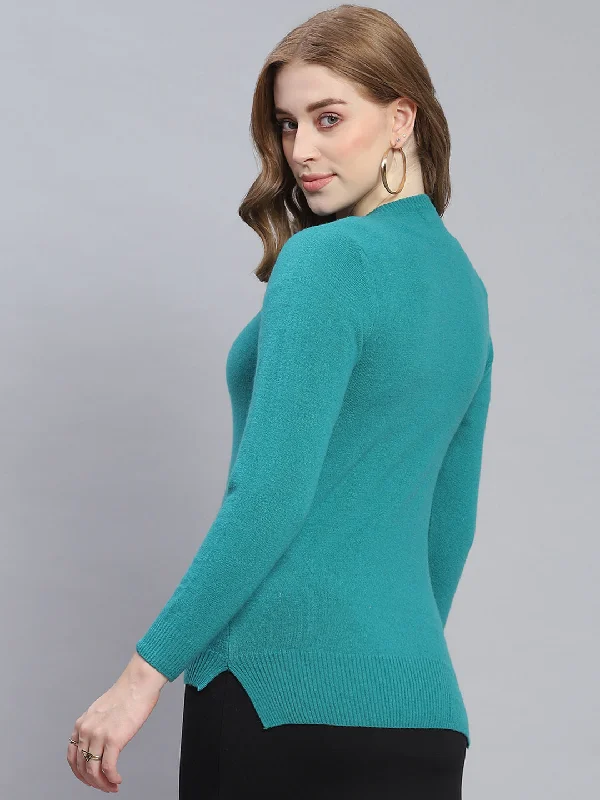 Women Teal Blue Solid Round Neck Full Sleeve Cardigans