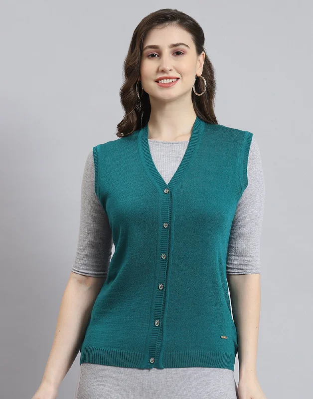 Women Teal Blue Solid V Neck Sleeveless Cardigan