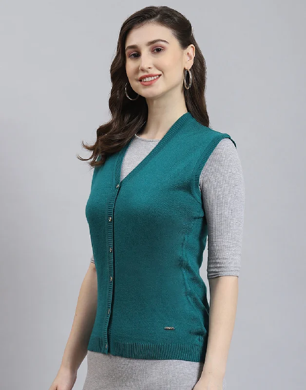 Women Teal Blue Solid V Neck Sleeveless Cardigan