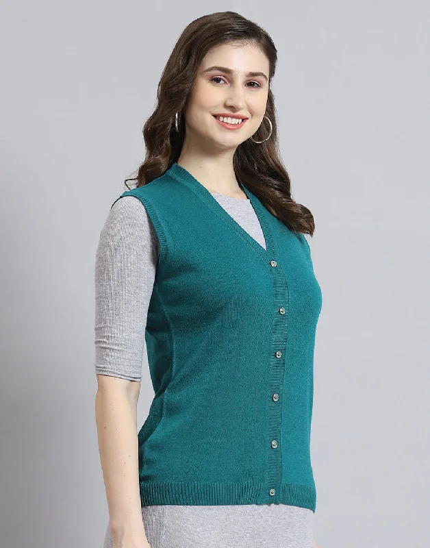 Women Teal Blue Solid V Neck Sleeveless Cardigan