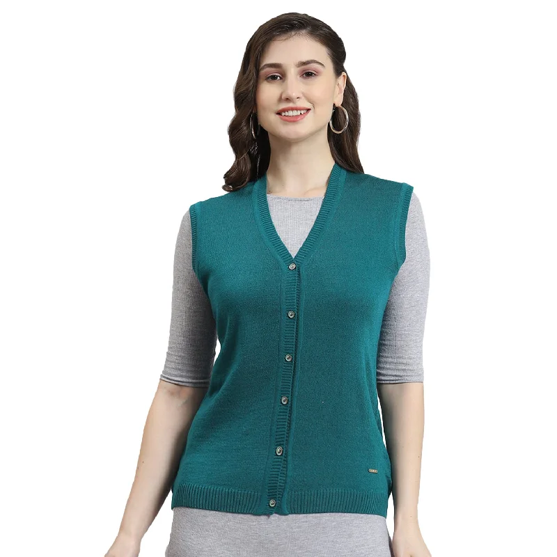 Women Teal Blue Solid V Neck Sleeveless Cardigan