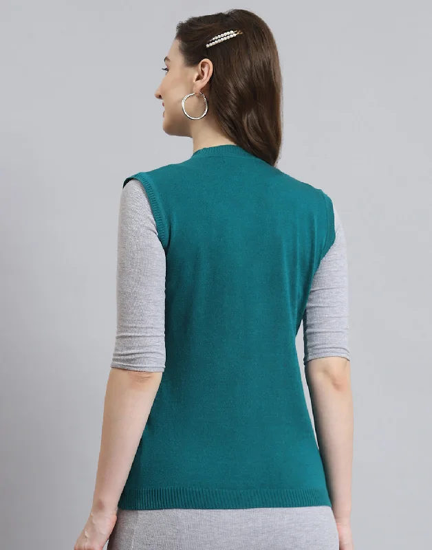 Women Teal Blue Solid V Neck Sleeveless Cardigan