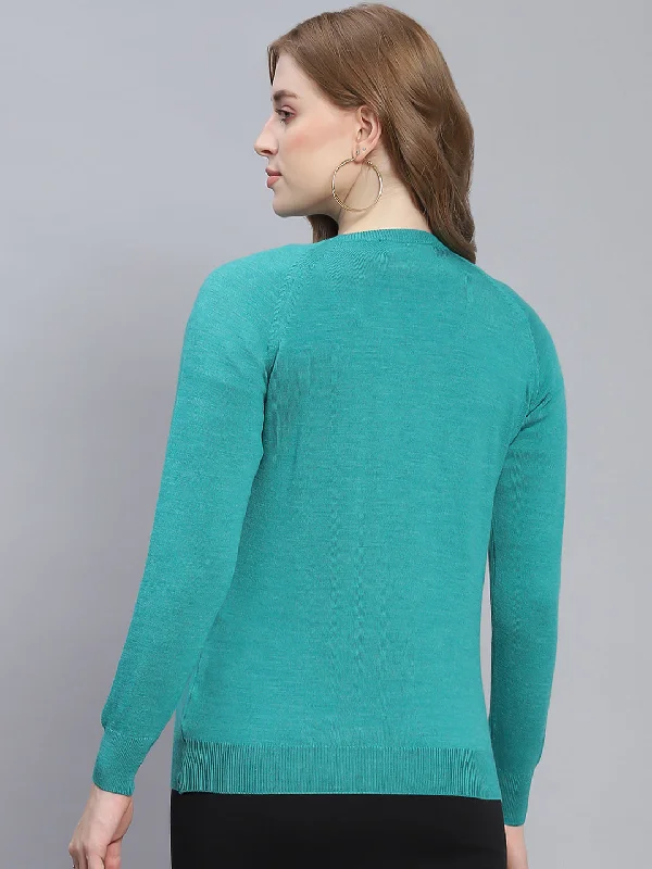 Women Turquoise Blue Solid Round Neck Full Sleeve Cardigans