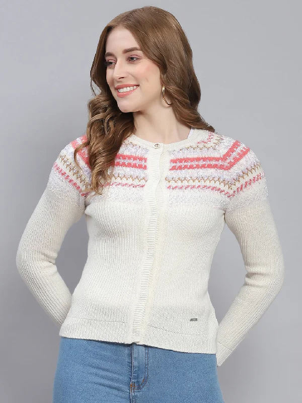 Women White Self Design Round Neck Full Sleeve Cardigans