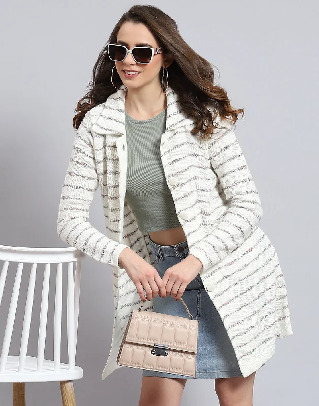 Women White Stripe Collar Full Sleeve Cardigan