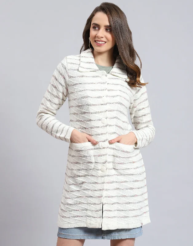 Women White Stripe Collar Full Sleeve Cardigan