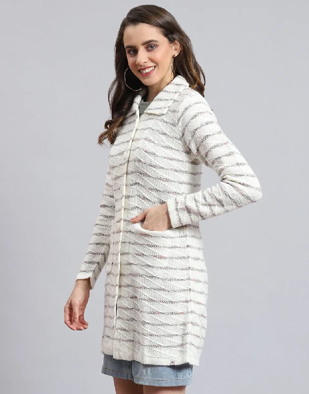 Women White Stripe Collar Full Sleeve Cardigan