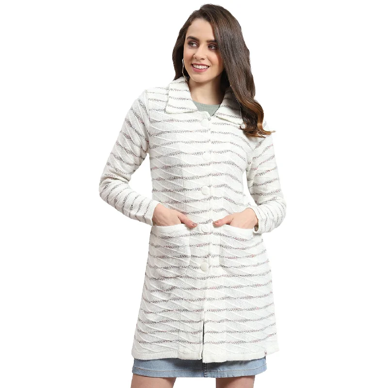 Women White Stripe Collar Full Sleeve Cardigan