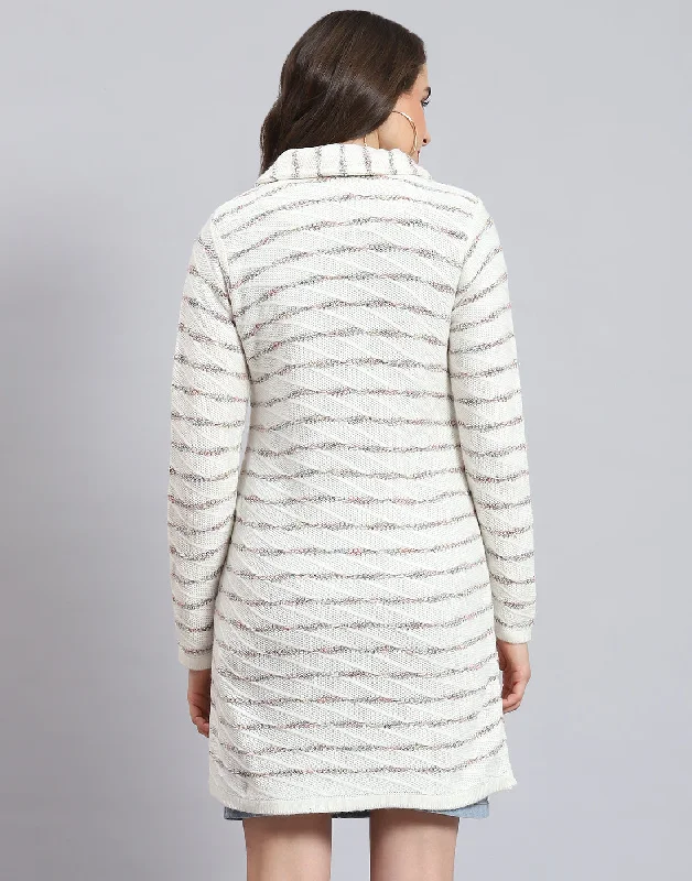 Women White Stripe Collar Full Sleeve Cardigan