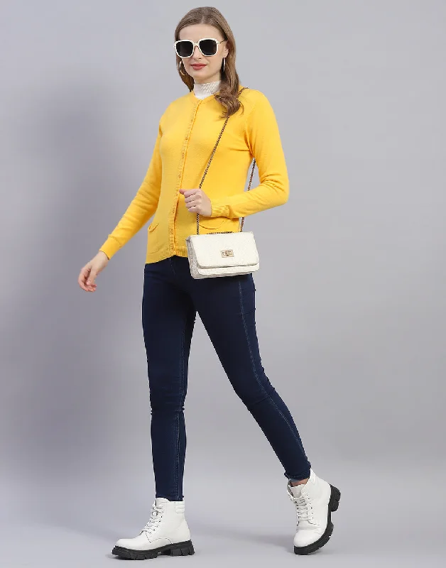 Women Yellow Solid Round Neck Full Sleeve Cardigan