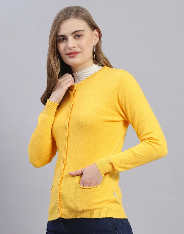 Women Yellow Solid Round Neck Full Sleeve Cardigan