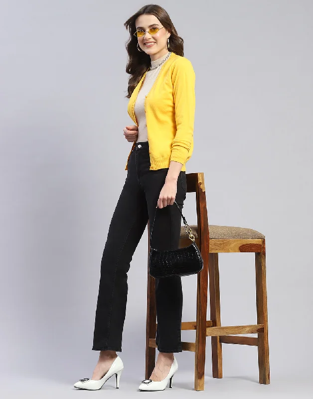 Women Yellow Solid V Neck Full Sleeve Cardigan