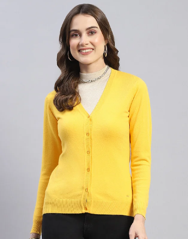 Women Yellow Solid V Neck Full Sleeve Cardigan