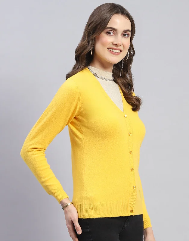 Women Yellow Solid V Neck Full Sleeve Cardigan