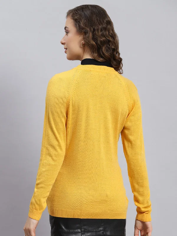 Women Yellow Solid V Neck Full Sleeve Cardigans