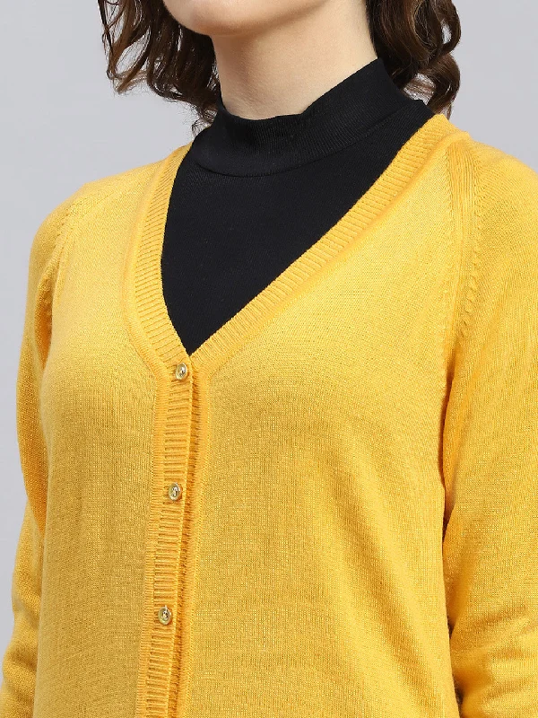 Women Yellow Solid V Neck Full Sleeve Cardigans