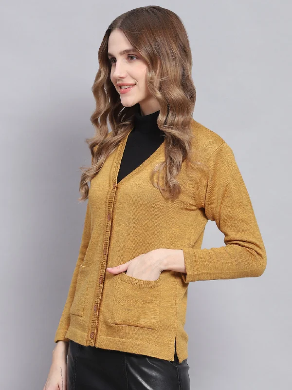 Women Yellow Solid V Neck Full Sleeve Cardigans