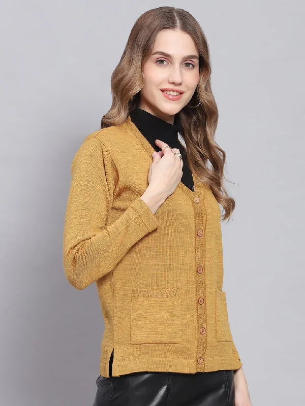 Women Yellow Solid V Neck Full Sleeve Cardigans