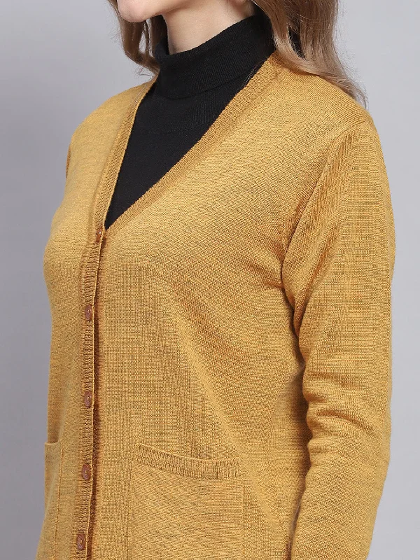 Women Yellow Solid V Neck Full Sleeve Cardigans