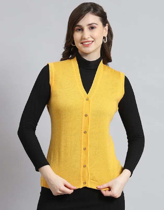 Women Yellow Solid V Neck Sleeveless Cardigan