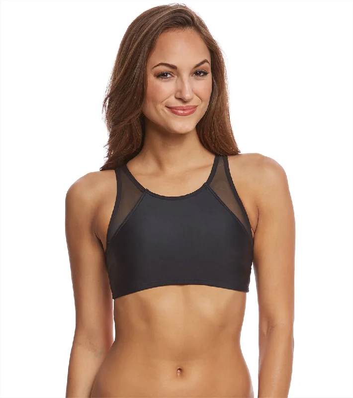 Sporti Active High Neck Color Block Crop Bikini Top Black