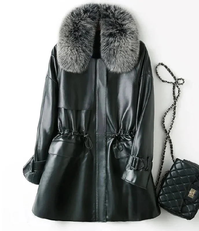 Genuine Leather Down Jacket Fox Fur Collar