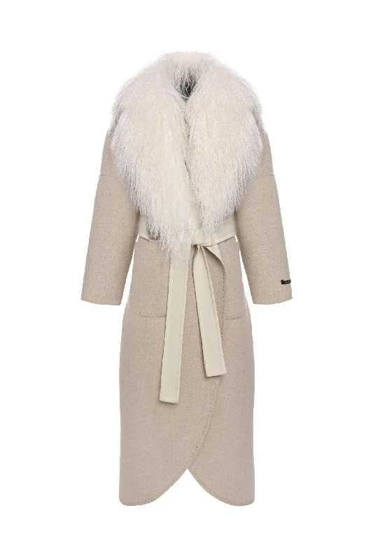 Loro Piana Cashmere & Wool Coat with Select Mongolian Shearling Lamb Collar, Belt