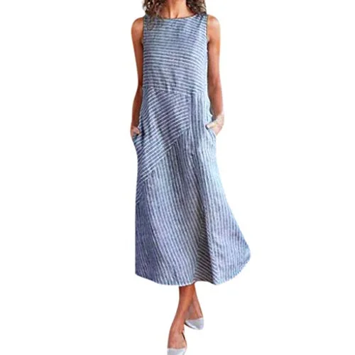 Casual Dress Women Summer Sleeveless Striped Dress Crew Neck Linen Long Dress Evening Party Dress with Pocket Tunics Canvas sturdy Casual Dress Women Summer Sleeveless Striped Dress Crew Neck Linen Long Dress Evening Party Dress with Pocket Tunics Canvas sturdy